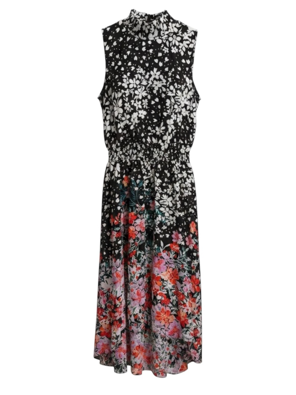 Nanette Lepore Floral Smocked Waist High Neck Sleeveless High-Low Midi Dress
